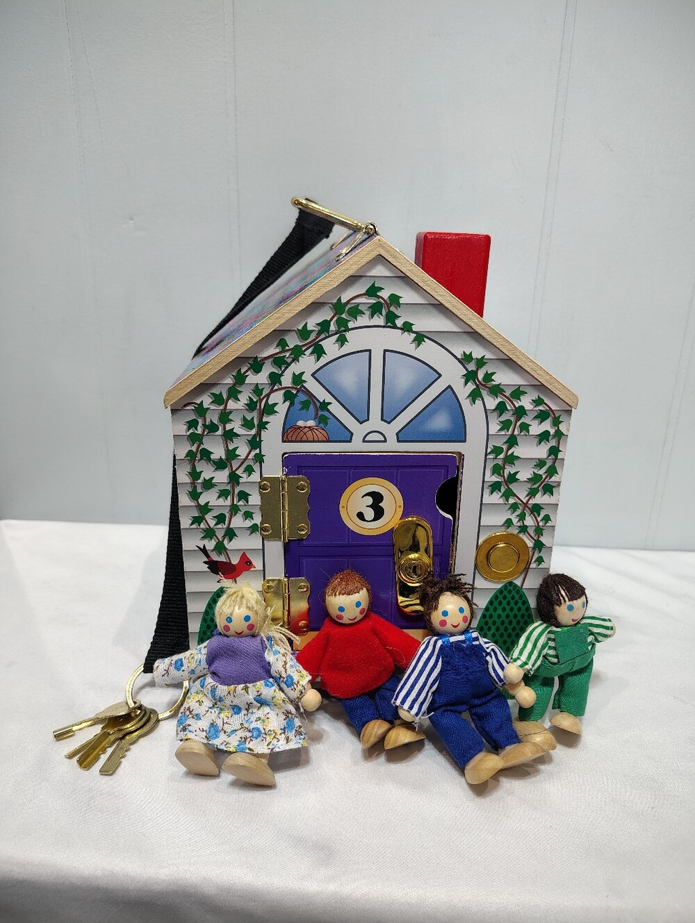 Melissa & Doug Doorbell House Wooden Toy w/ 4 Figures Keys & Working Locks